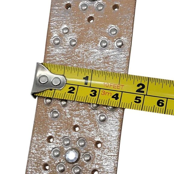 Aeropostale Western Studded Rhinestone Leather Belt Sz S Tan Metallic Silver‎ - Picture 5 of 11